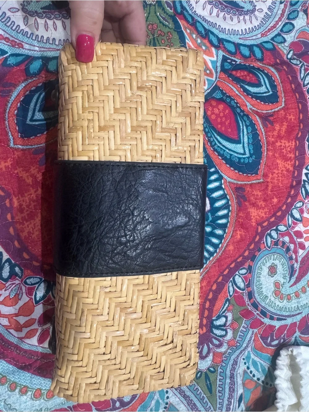 Woven Straw Clutch with Black Leather Accent